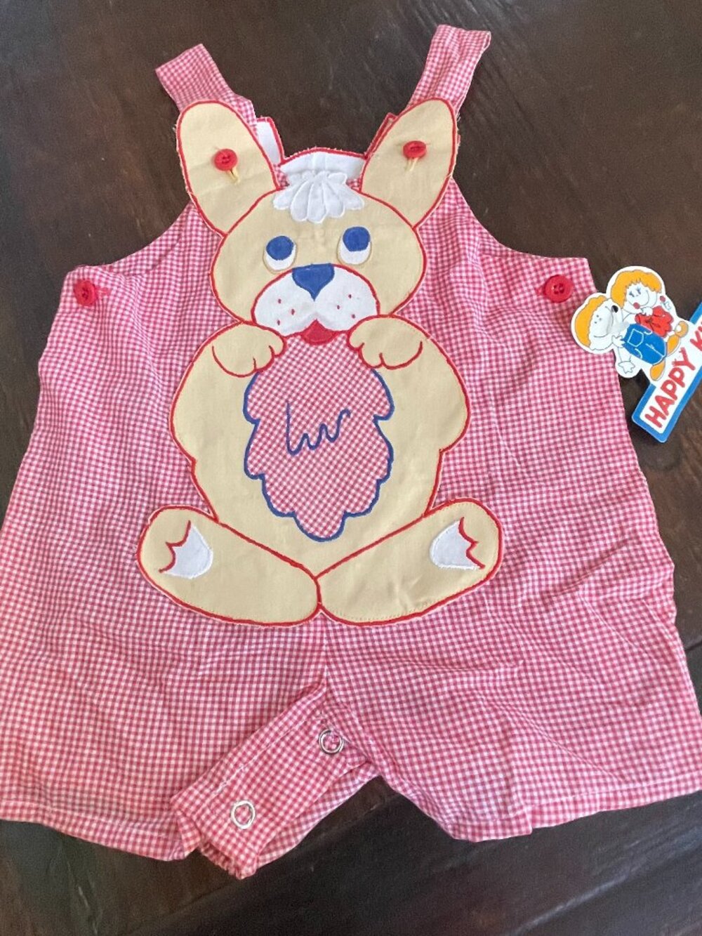 VTG Happy Kids 18 Mo. Bunny Embroidered Romper Overall Red Gingham Unisex NWT
